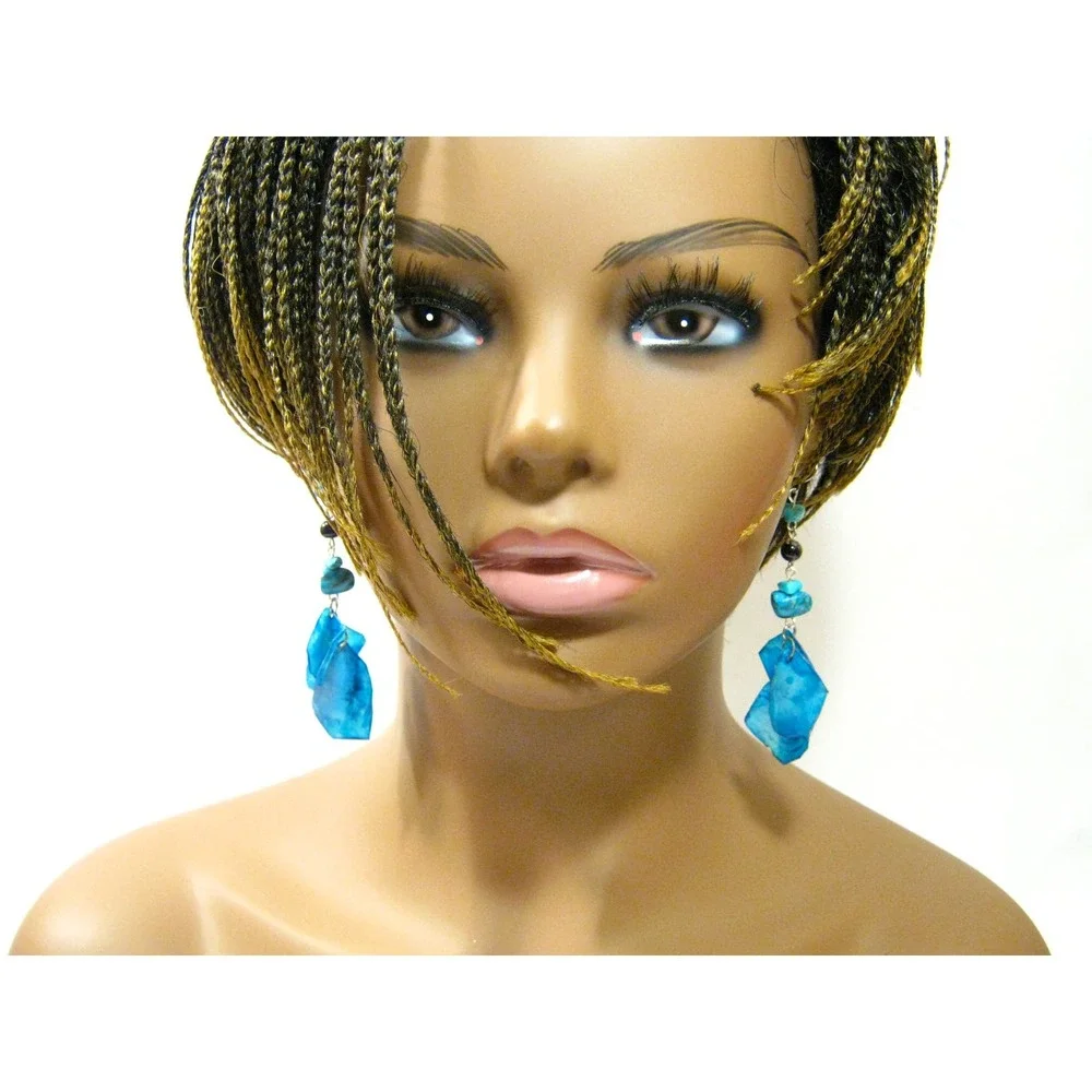 Genuine Turquoise Gemstone Blue Feather style Acrylic Long Drop Earrings 3 inch